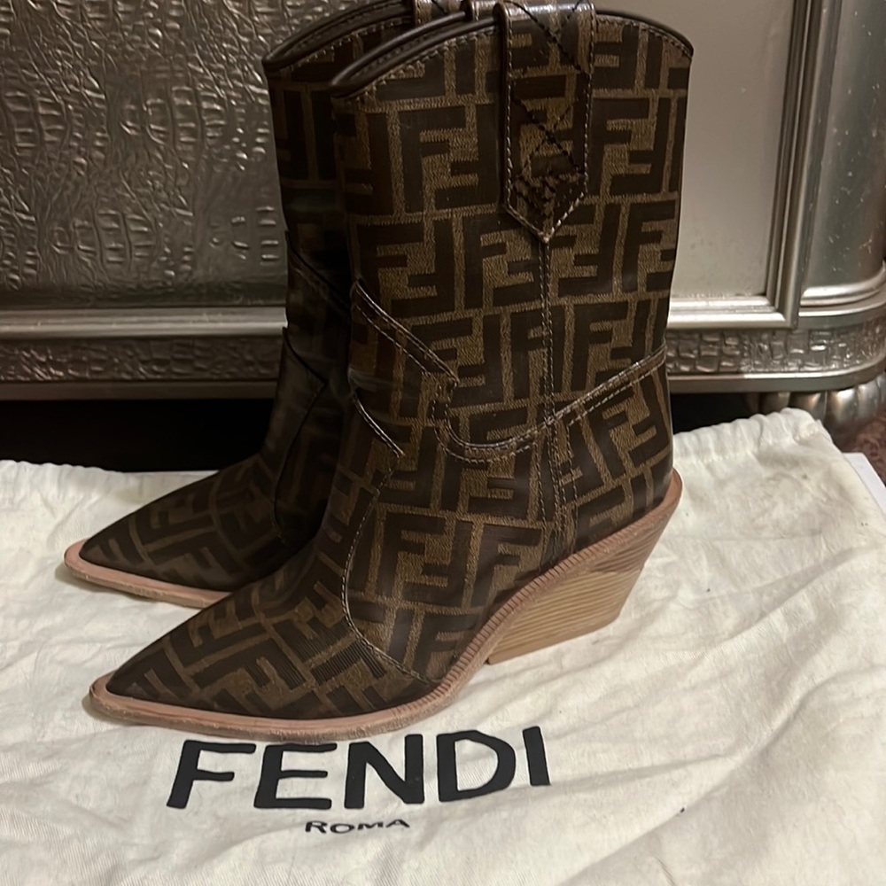Authentic Fendi Runway Zucca Monogram Coated Canvas Pointed Toe Ankle Boots 5.5